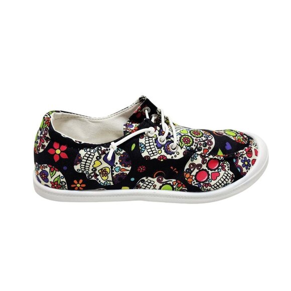 Girls Skull Pattern Shoes Size 4 Lace-Up Sneakers Sugar Skulls Day Of The Dead - Picture 8 of 11